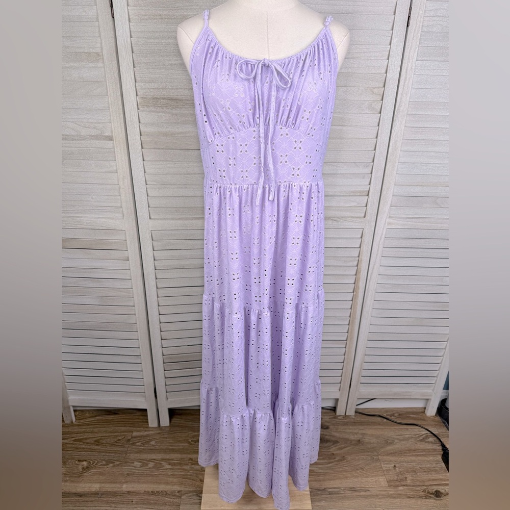Sleeveless Eyelet Tiered Hem Maxi Dress Lavender-1X